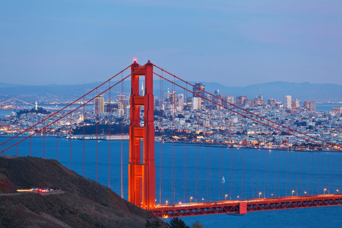 Illuminated Golden Gate Bridge and San Francisco Skyline at dusk.